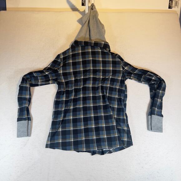 Discreet Button Flannel Shirt Hoodie Woman S Blue Plaid Drawstring Cozy Cuddle - Picture 9 of 10